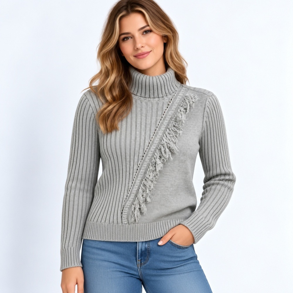 DKNY Turtleneck Sweater Women Medium Gray Ribbed Fringe Detail 100% Cotton